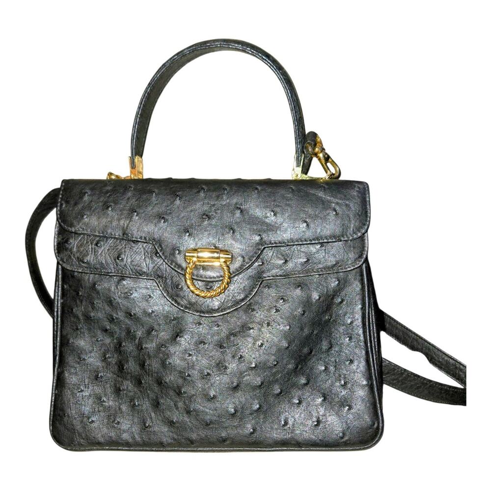 Rare Vtg Delfin West Germany Black Ostrich Leather Top Handle Bag Kelly Satchel